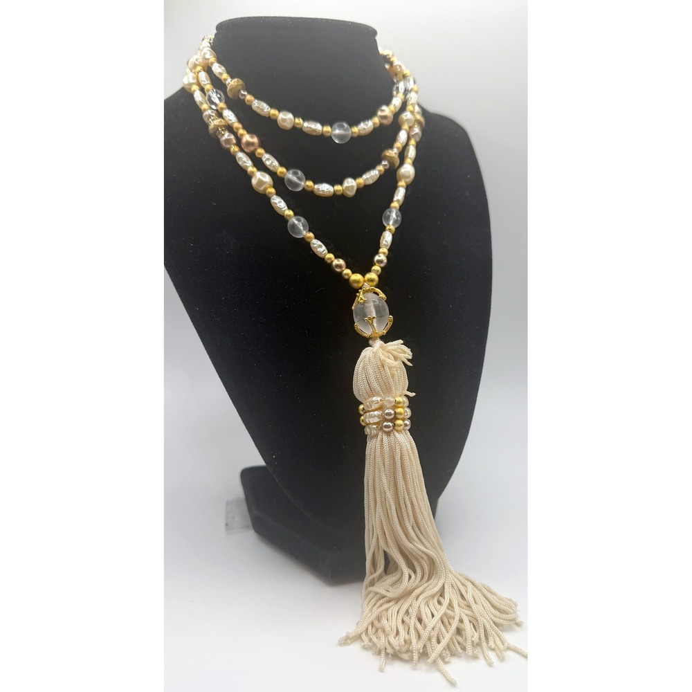 Long‎ Faux Pearl Tassel Necklace 38" Gold Tone Layered Boho Statement